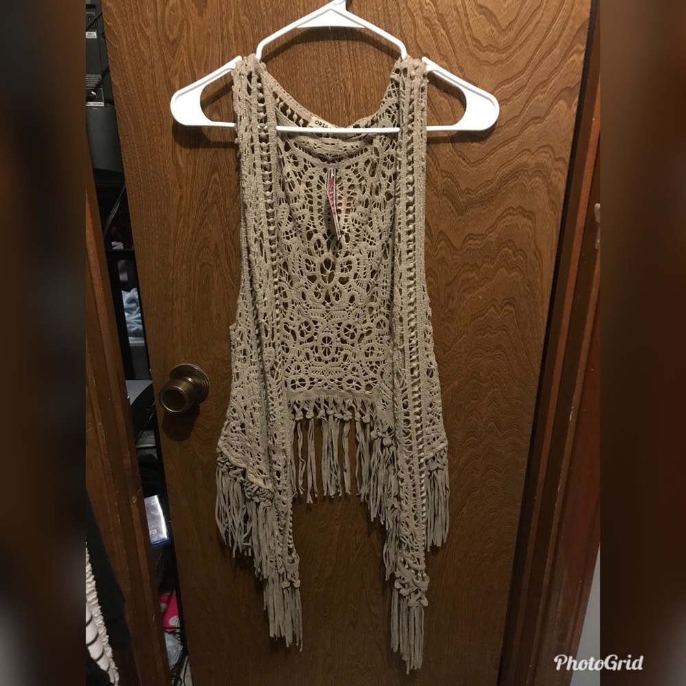 NWT Taupe Crochet Vest w/ Fringe